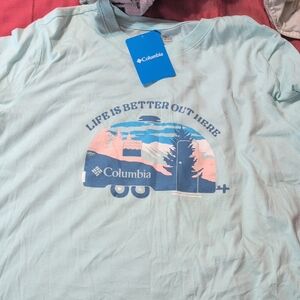 Columbia Pastel Blue Graphic Tee with Camper Design